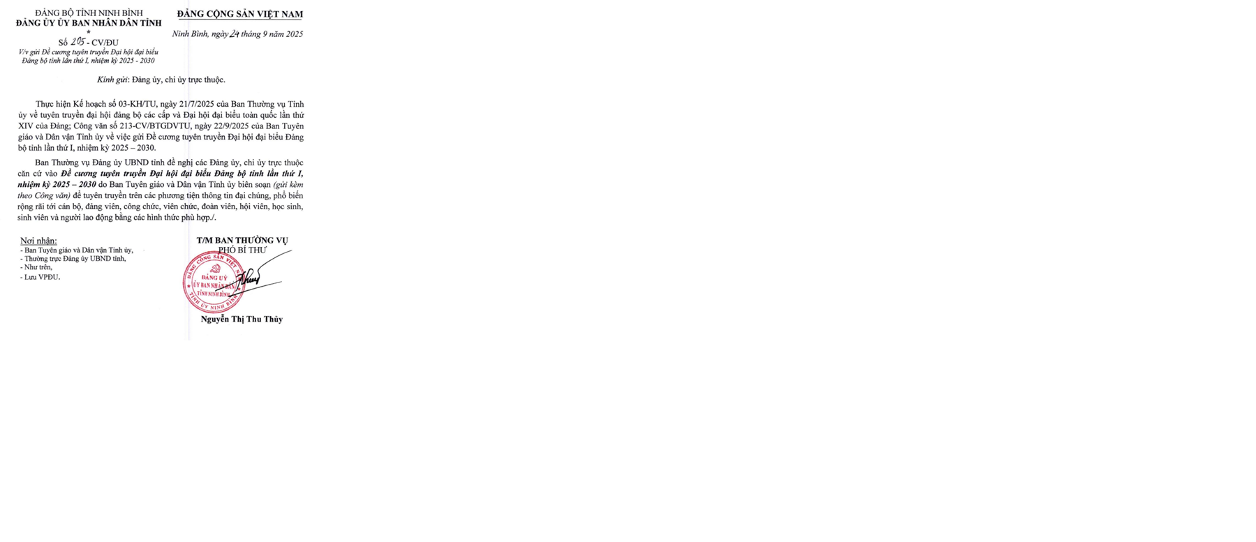 Công văn 205-CV/ĐU ngày 24 tháng 9 năm 2025 của Đảng Bộ tỉnh Ninh Bình về việc gửi Đề cương tuyên truyền Đại hội đại biểu Đảng bộ tinh lần thứ I, nhiệm kỳ 2025 - 2030 